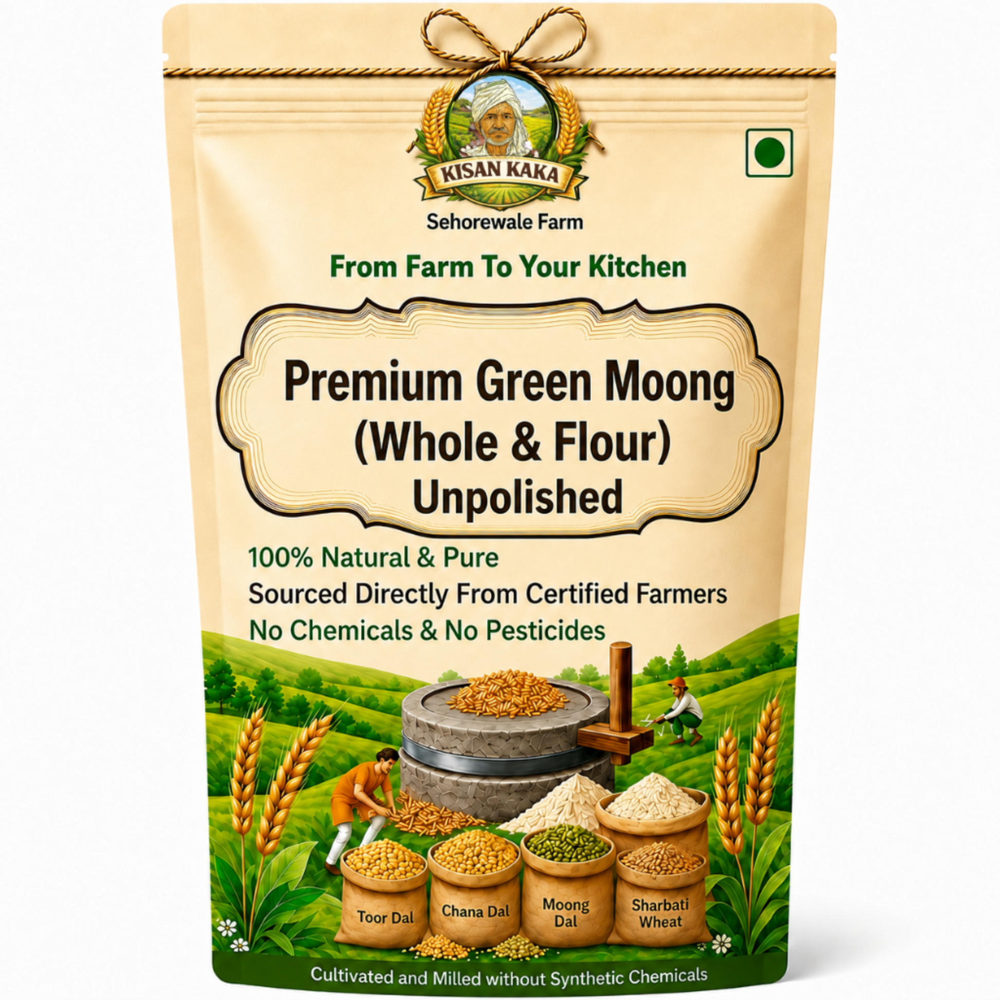 Kisan Kaka Premium Green Moong packaging with farm scene illustration