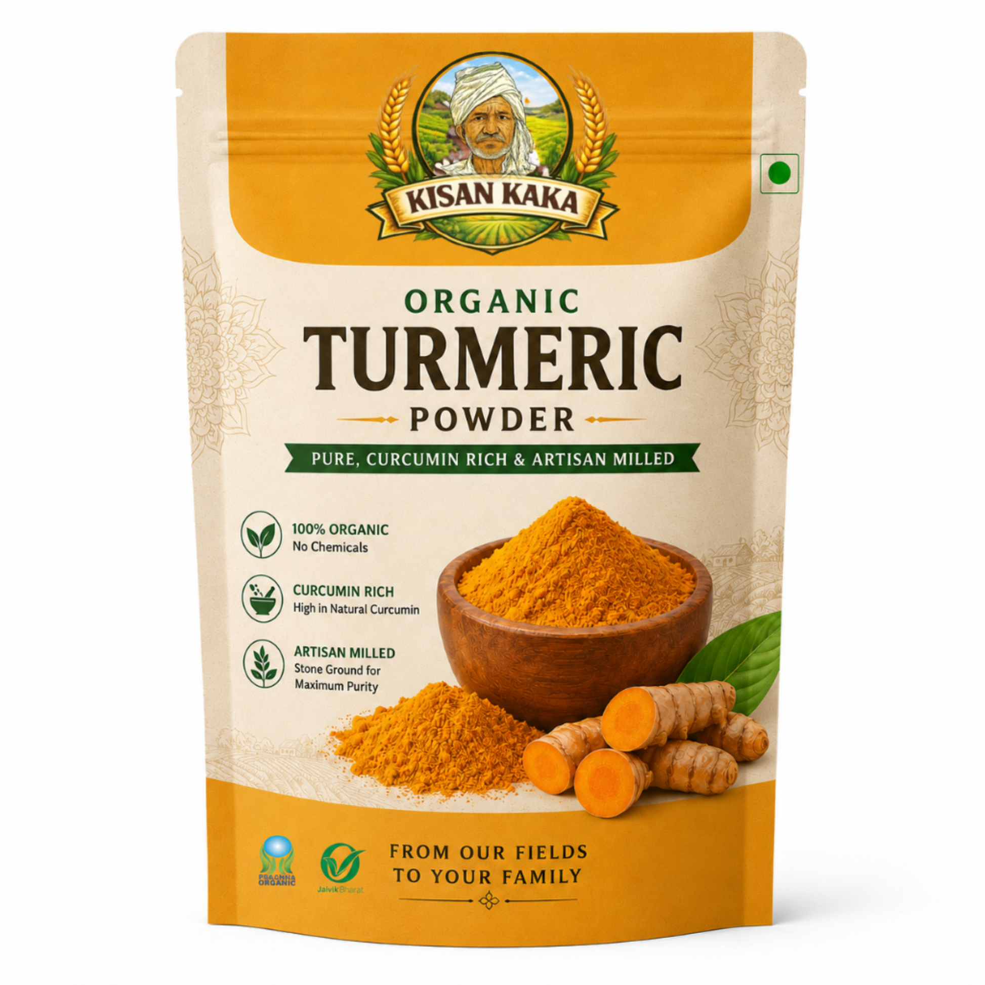 Kisan Kaka Organic Turmeric Powder packaging on a white background