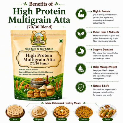 Kisan Kaka High Protein Multigrain Atta packaging with benefits listed on a white background
