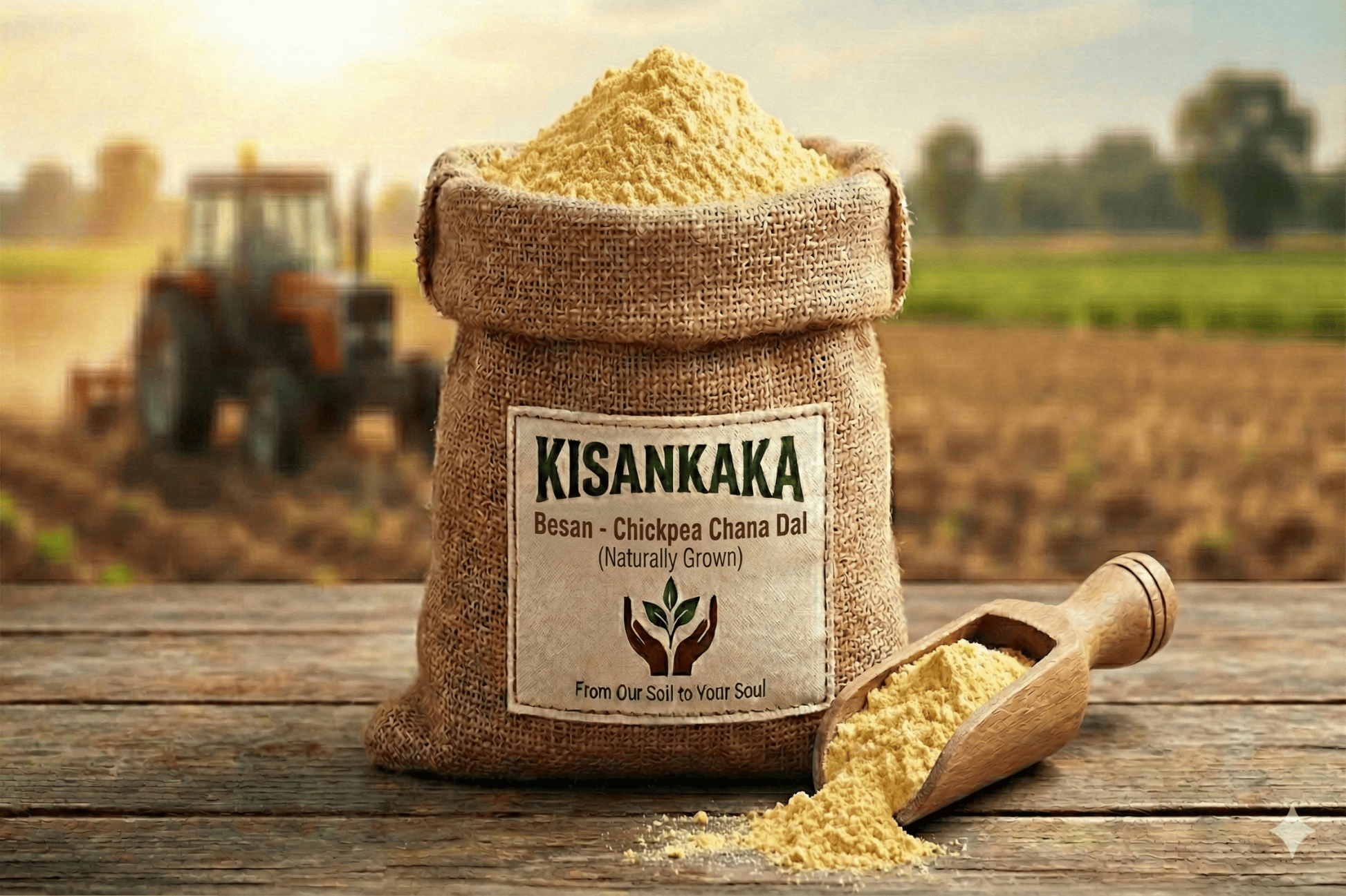 Bag of Kisankaka Besan with a scoop on a wooden surface, tractor and field in the background