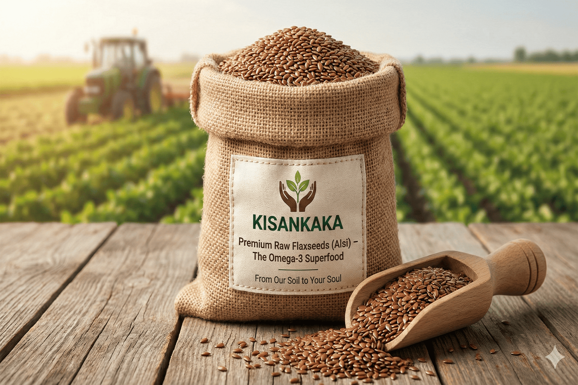 Bag of KISANKAKA flaxseeds with a field and tractor in the background