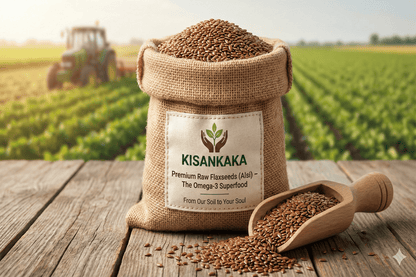 Bag of KISANKAKA flaxseeds with a field and tractor in the background