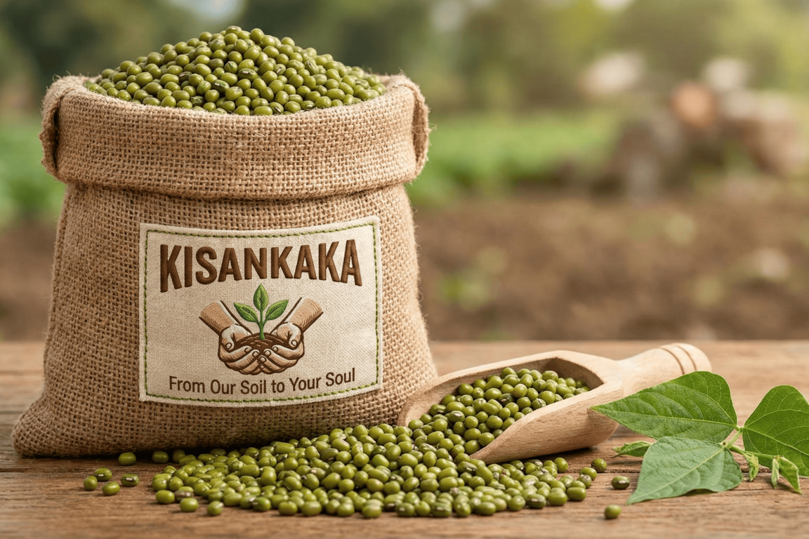 Sack of green beans with 'Kisankaka' branding on a wooden surface with a blurred natural background.