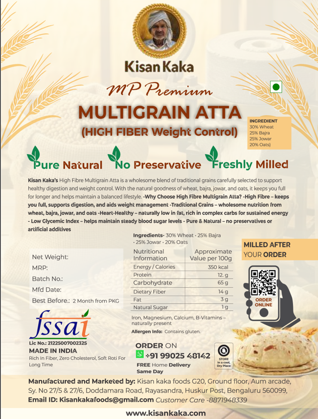 Kisan Kaka MP Premium Multigrain Atta packaging with product details and branding.