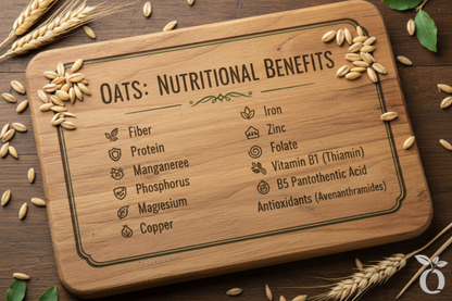 Wooden board with oats and a list of nutritional benefits on a wooden background