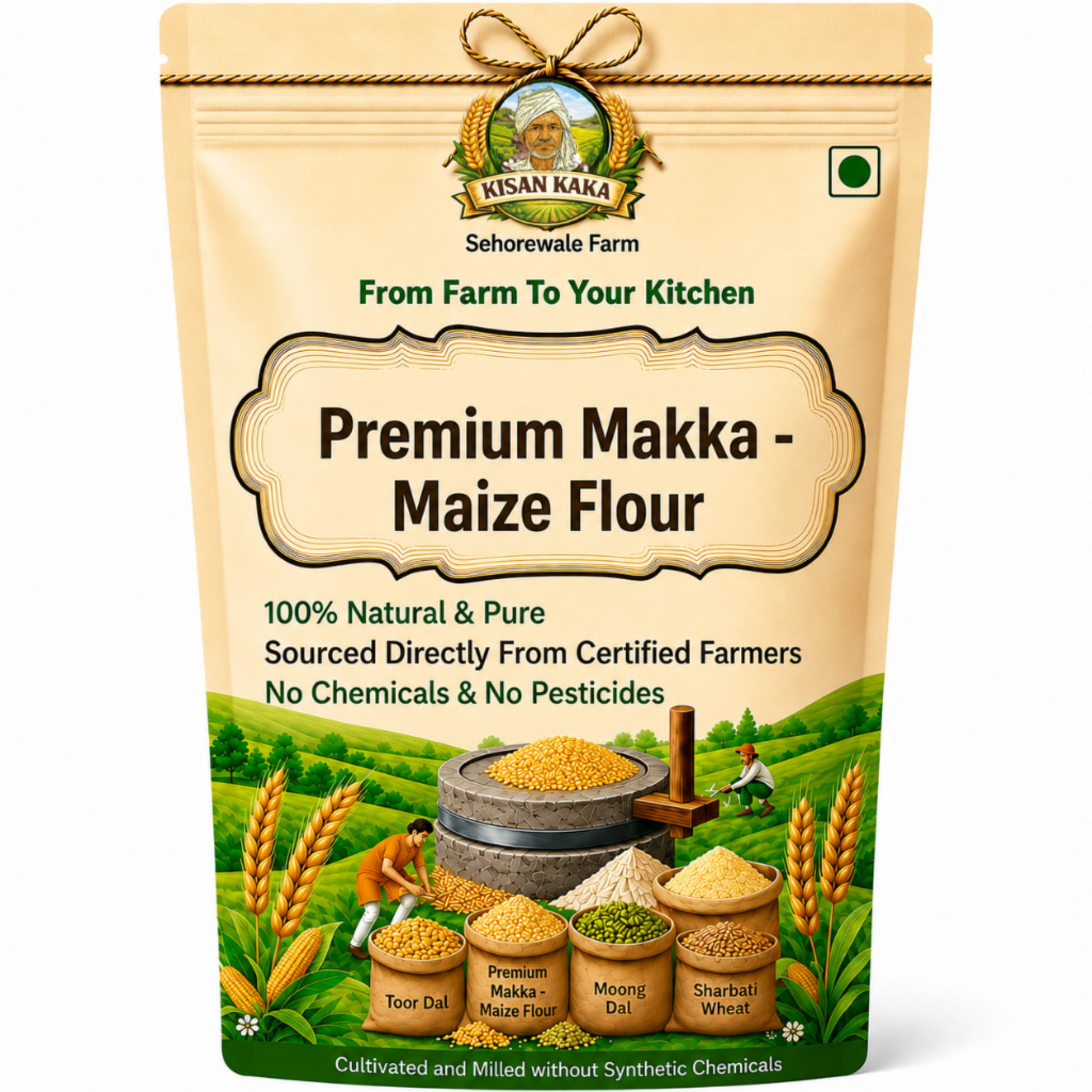 Kisan Kaka Premium Makka Maize Flour packaging with farm scene illustration