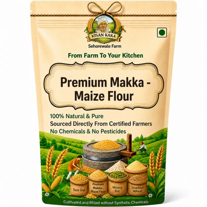 Kisan Kaka Premium Makka Maize Flour packaging with farm scene illustration
