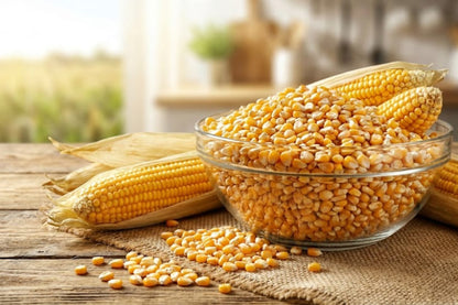 Glass bowl filled with yellow beans next to ears of corn on a wooden surface.