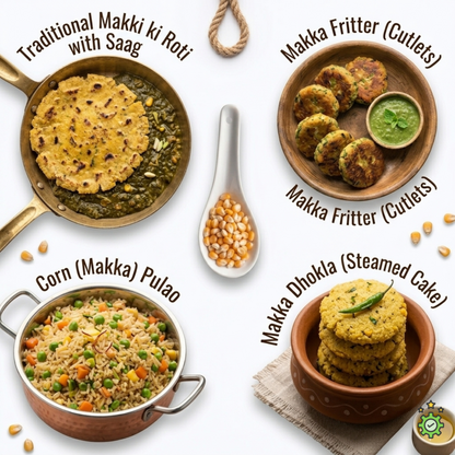 Various traditional Makki ki Roti dishes with labels on a white background