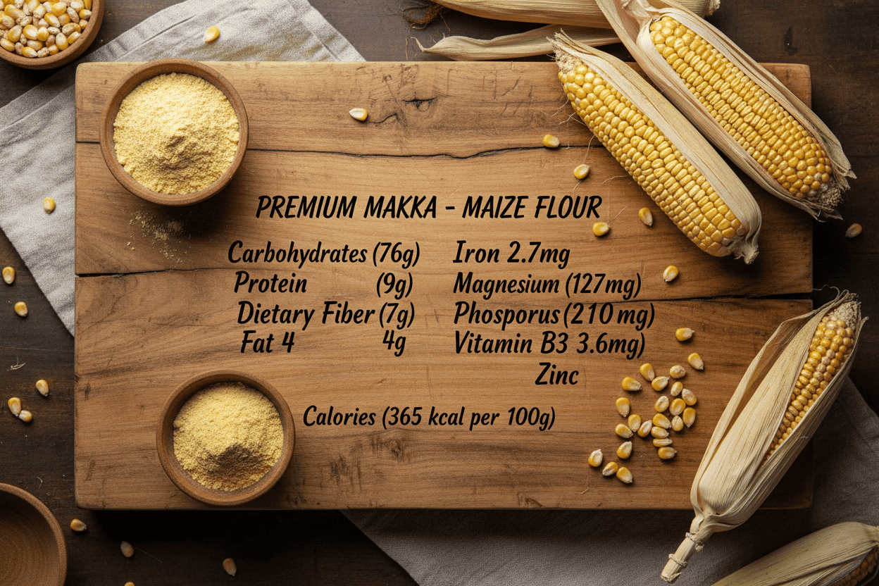 Wooden board with premium makka maize flour, corn kernels, and a list of nutritional information.