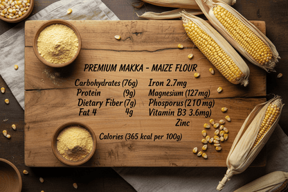 Wooden board with premium makka maize flour, corn kernels, and a list of nutritional information.