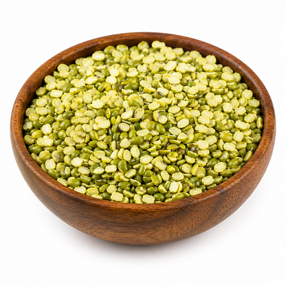 Green split mung beans in a round wooden bowl on a white background.
