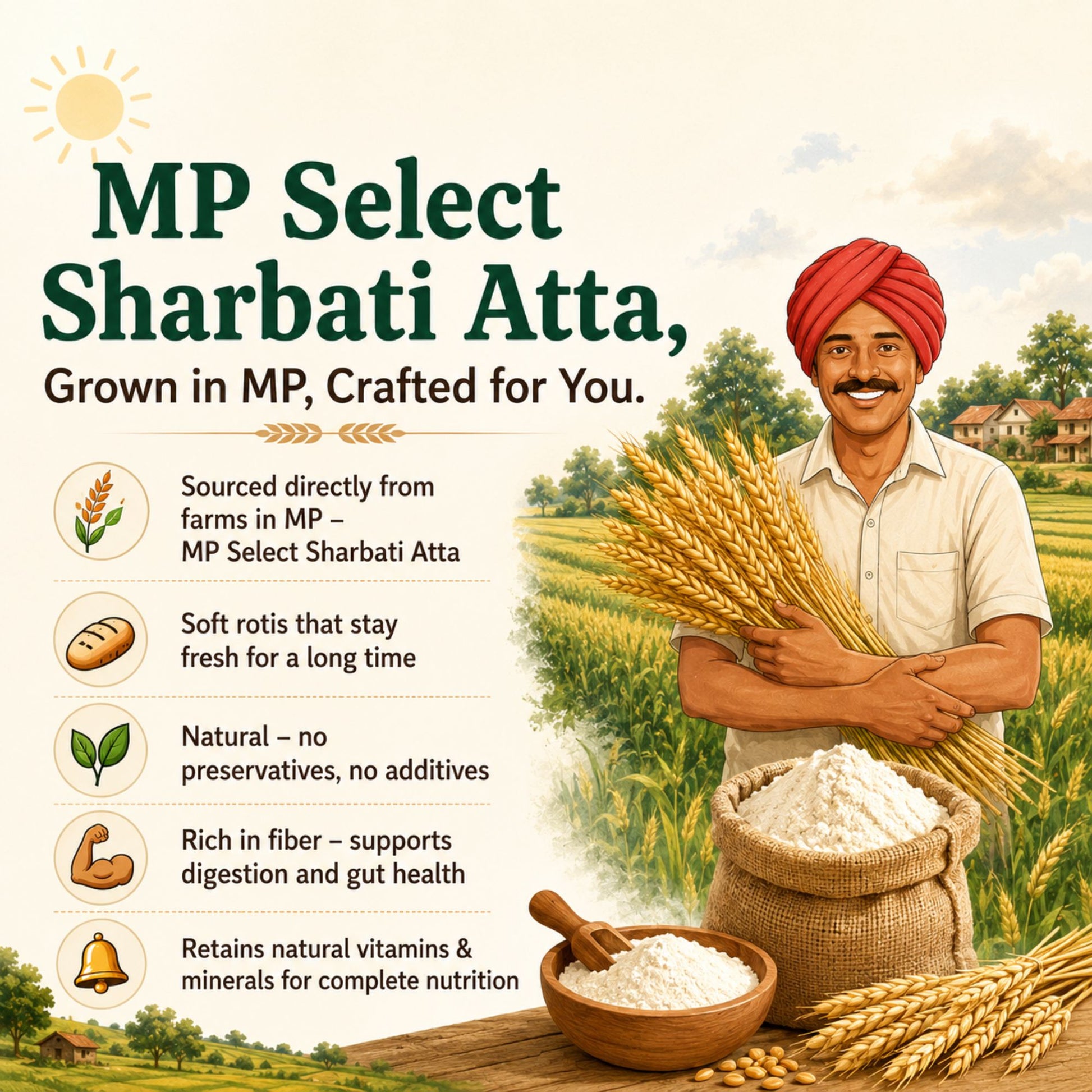 Promotional graphic for MP Select Sharbati Atta, showing a smiling farmer in a red turban standing beside a burlap sack of white flour, a bowl of flour, and wheat stalks, with text highlighting farm-to-table sourcing and product benefits.