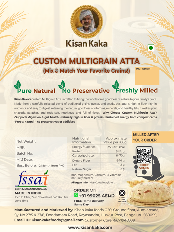 Kisan Kaka Custom Multigrain Atta packaging with branding and product details.