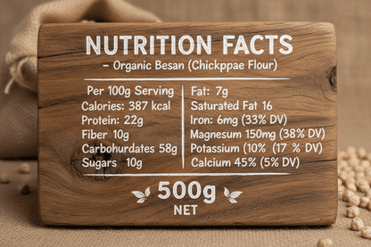 Nutrition facts label for organic besan (chickpea flour) on a wooden board with chickpeas in the background.