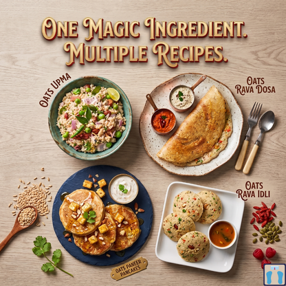 Diverse oat-based dishes with text highlighting 'One Magic Ingredient. Multiple Recipes.' on a wooden surface.
