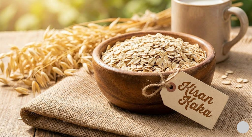 Wooden bowl of oats with a tag labeled 'Kisan Kaka' on a rustic background