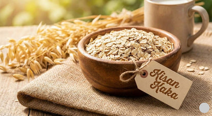 Wooden bowl of oats with a tag labeled 'Kisan Kaka' on a rustic background