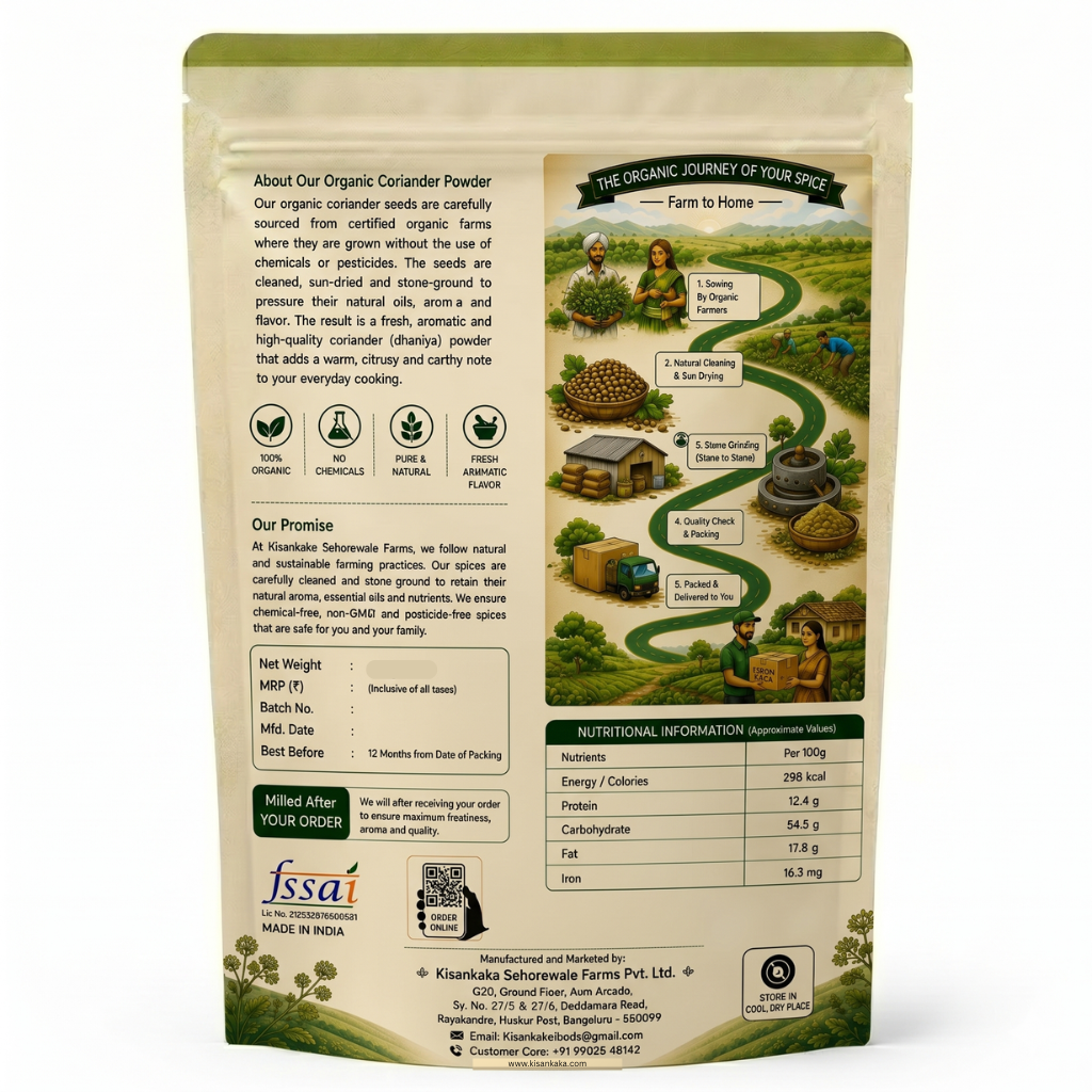 Spice package with organic certification details and farming process illustration