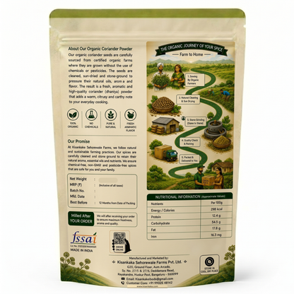 Spice package with organic certification details and farming process illustration