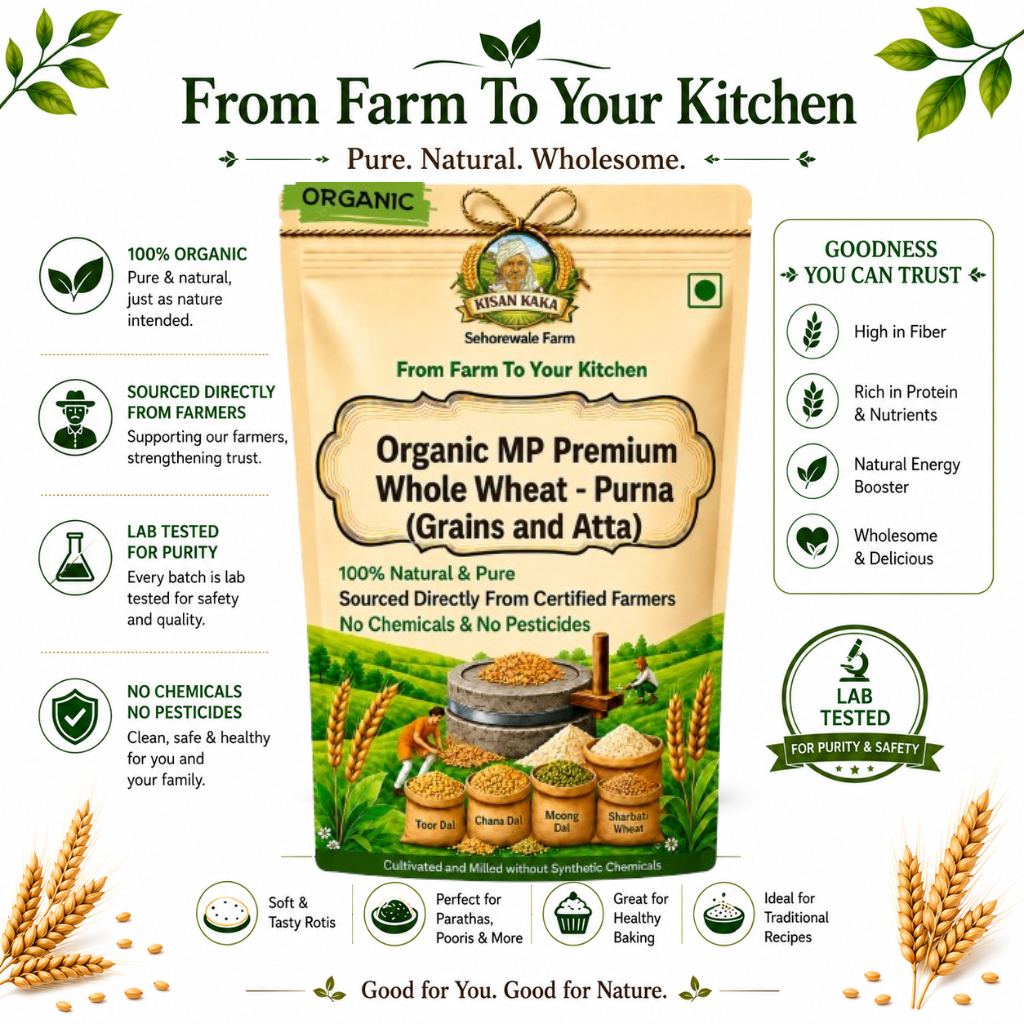 A promotional product graphic for a bag of organic whole wheat purna (grains and atta) by Sehoivante Farm. The central subject is a beige and green bag of the product, surrounded by marketing text, icons, and decorative wheat illustrations on a white background.