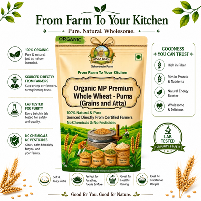 A promotional product graphic for a bag of organic whole wheat purna (grains and atta) by Sehoivante Farm. The central subject is a beige and green bag of the product, surrounded by marketing text, icons, and decorative wheat illustrations on a white background.