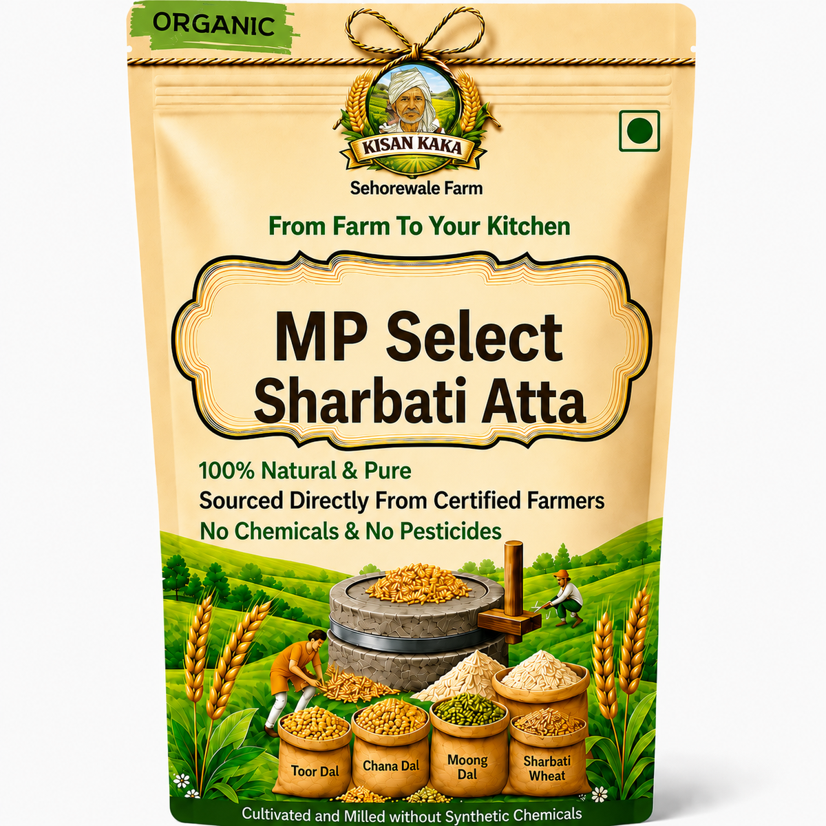 A stand-up pouch of Kisan Kaka MP Select Sharbati Atta organic flour, featuring a beige background with green accents, illustrations of wheat fields, and a traditional stone mill graphic.