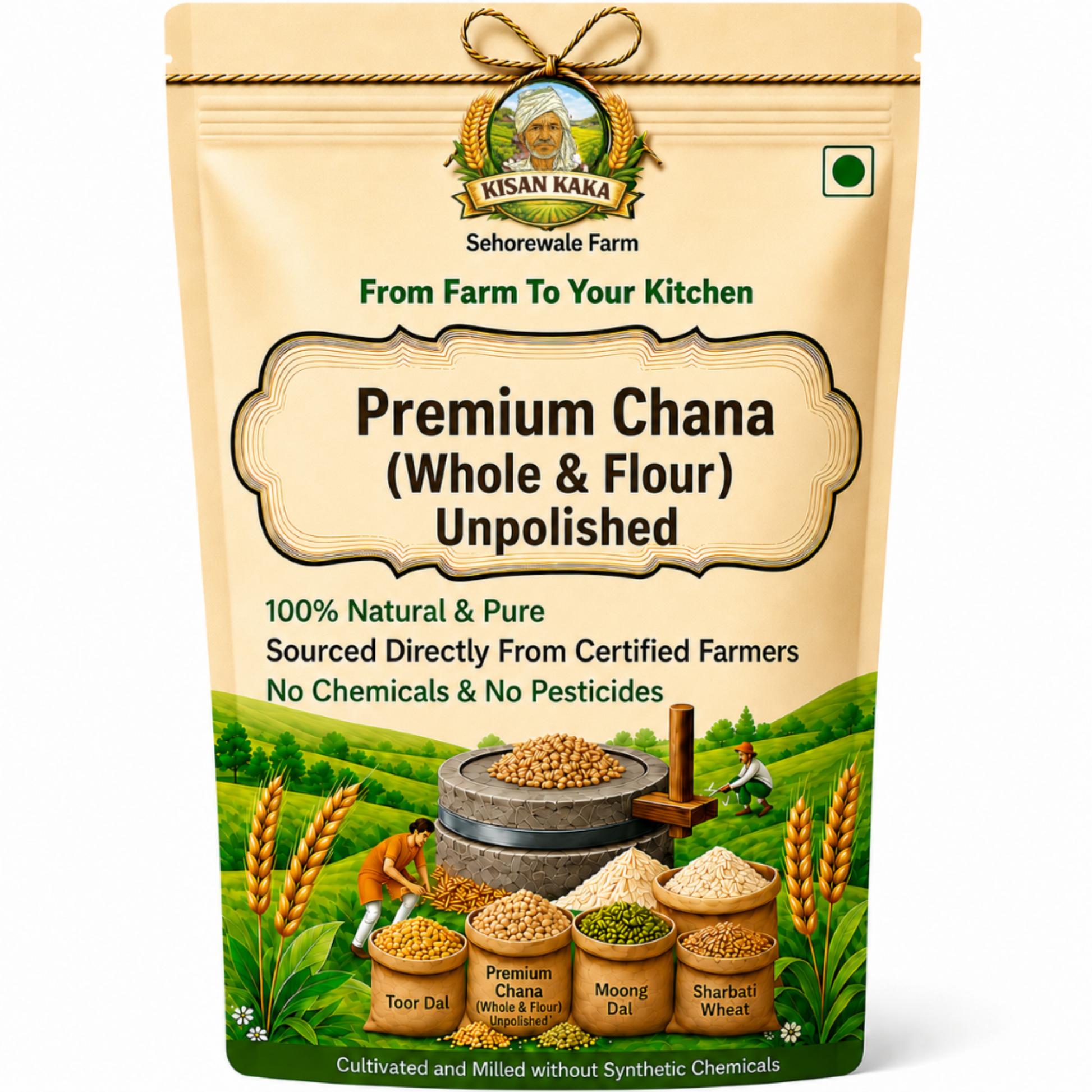 Kisan Kaka Premium Chana package with a scenic background
