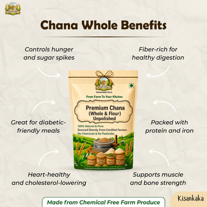 Kisan Kaka Premium Chana Whole & Flour packaging with health benefits text on a beige background