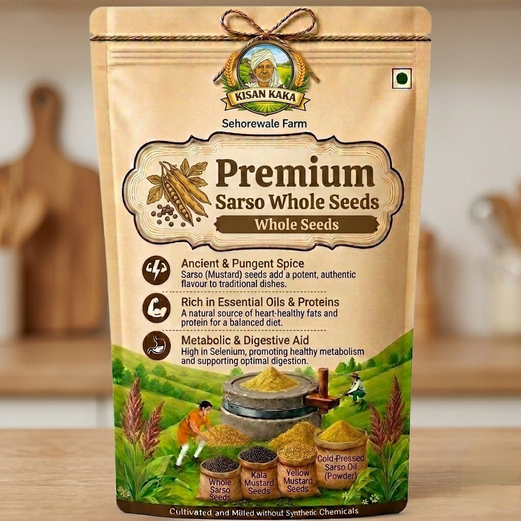 Kisan Kaka Premium Sarso Whole Seeds packaging on a wooden surface