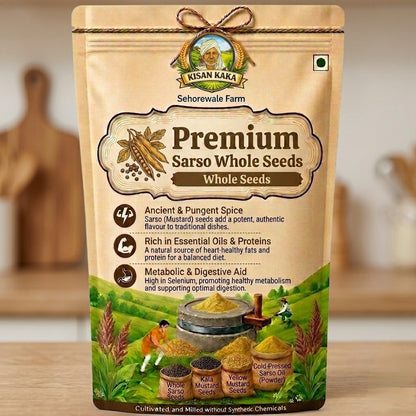 Kisan Kaka Premium Sarso Whole Seeds packaging on a wooden surface