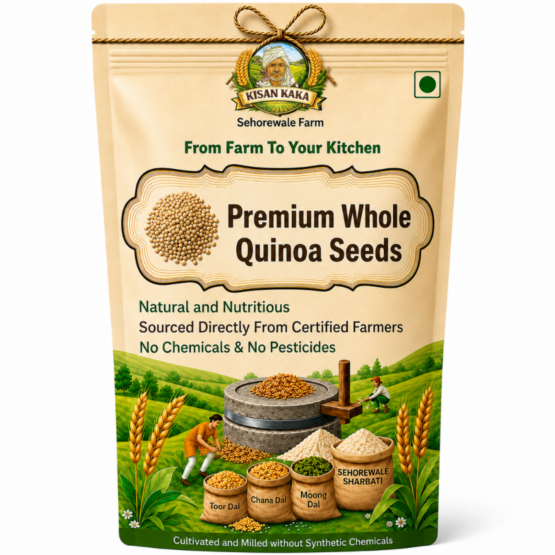 Kisan Kaka Premium Whole Quinoa Seeds packaging with farm scene illustration