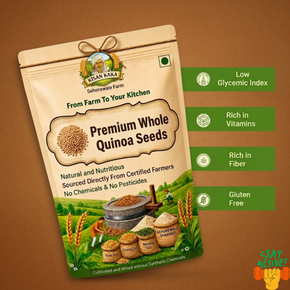 Package of premium whole quinoa seeds with certification badges on a brown background