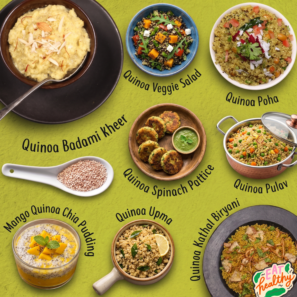 Assorted quinoa dishes on a green background with labels