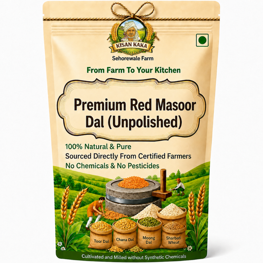 Kisan Kaka Premium Red Masoor Dal packaging with farm scene illustration