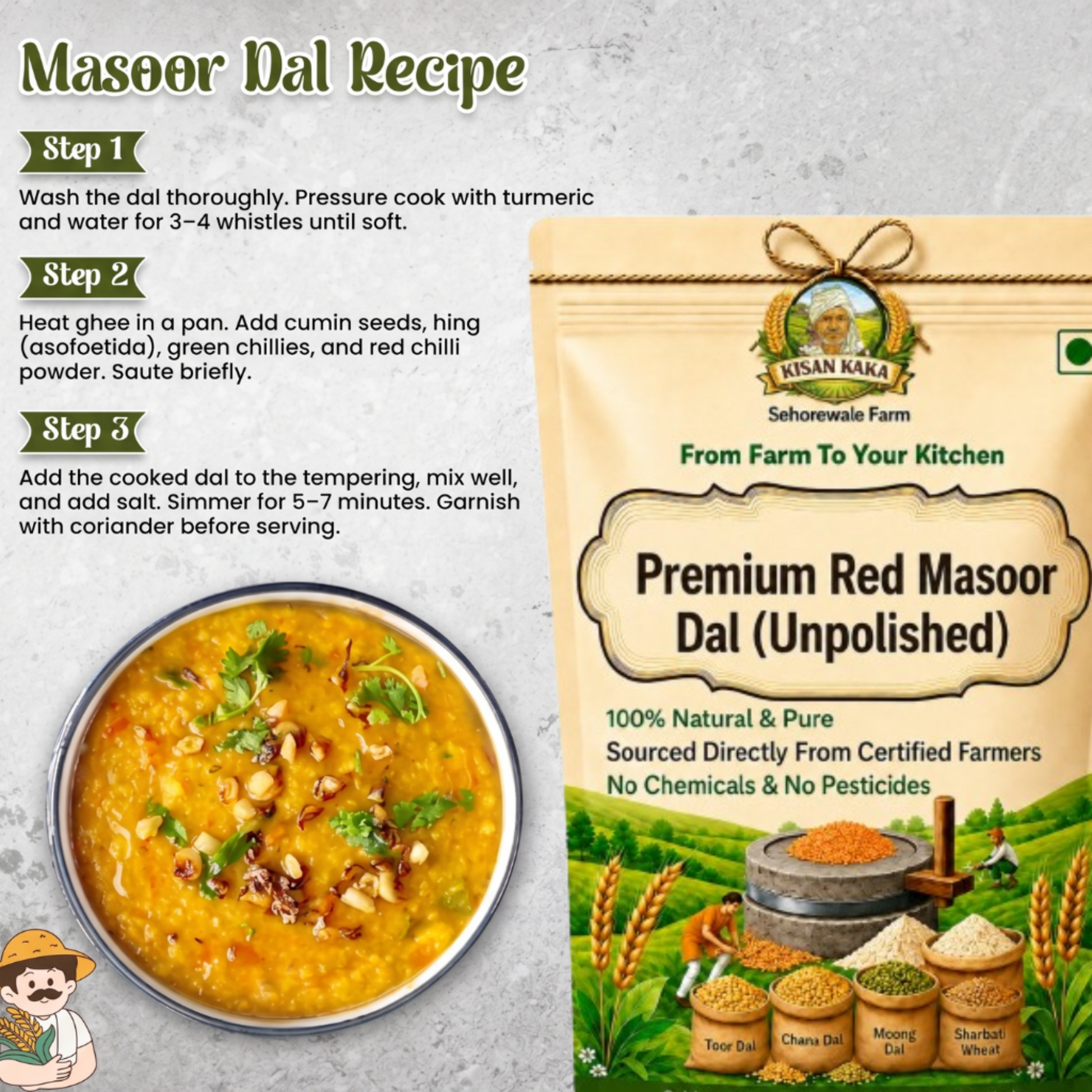 Premium Red Masoor Dal package with cooking instructions on a gray background