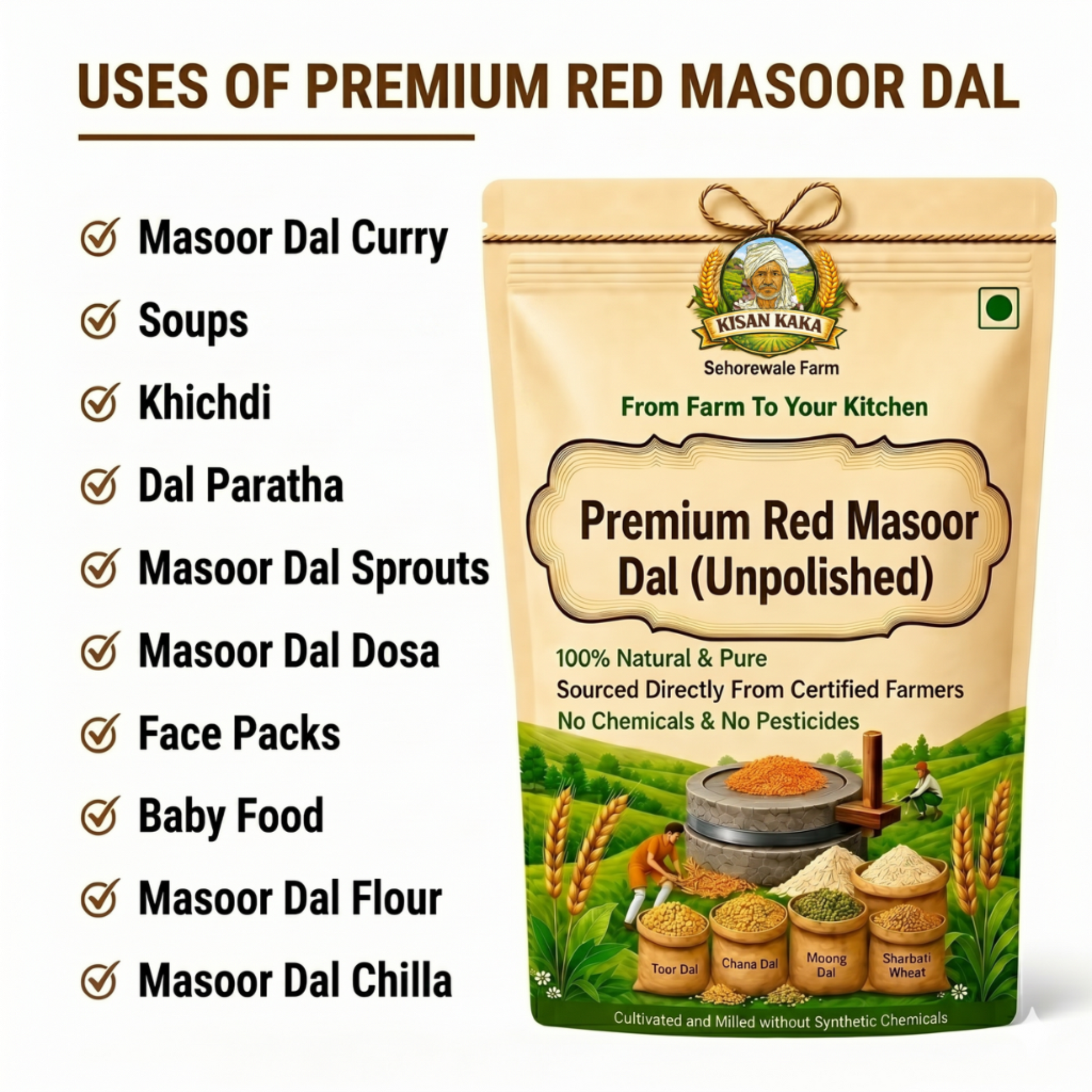 Kisan Kaka Premium Red Masoor Dal packaging with uses listed on a white background