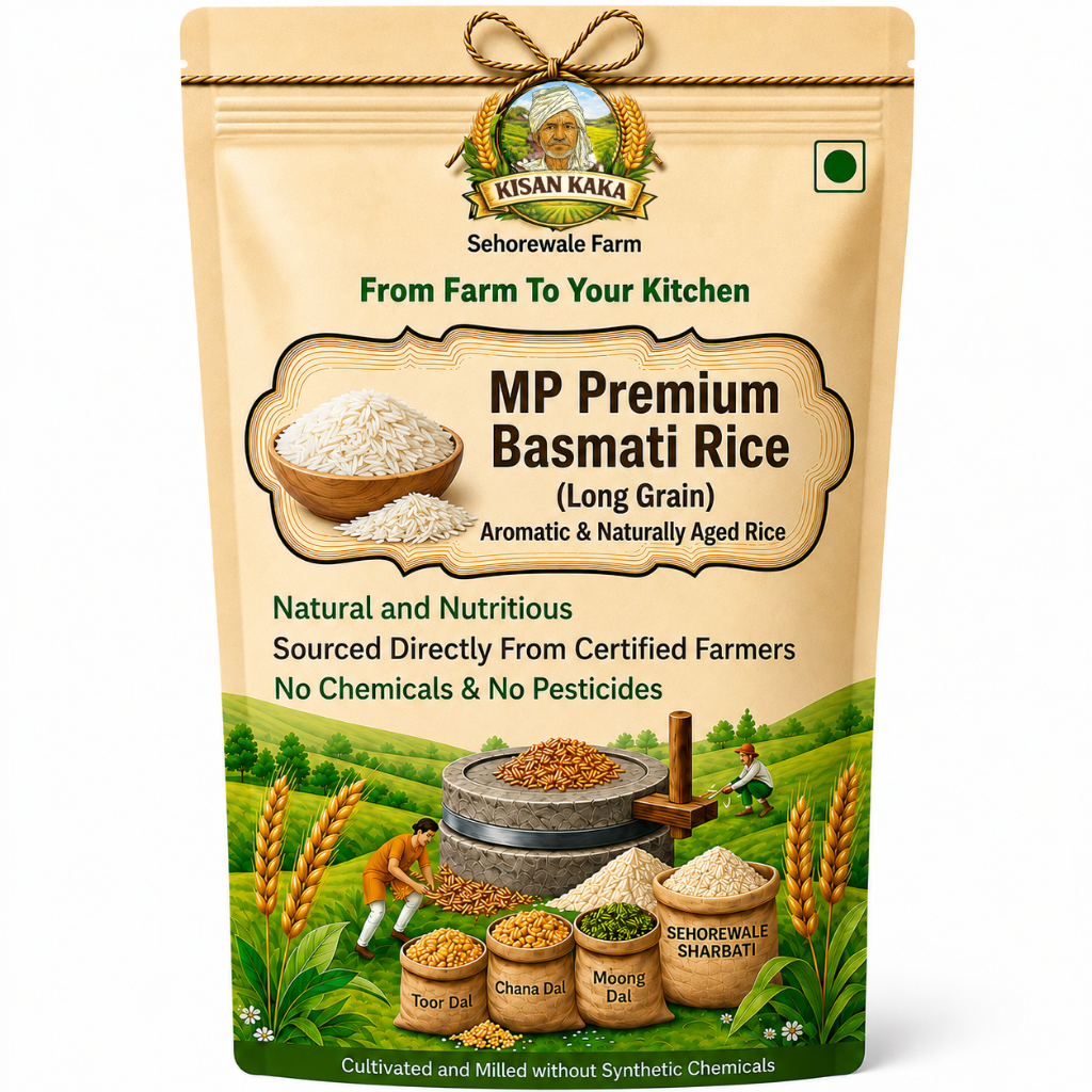 A stand-up pouch of Kisan Kaka Sehorewale Farm MP Premium Basmati Rice (Long Grain) on a plain white background. The packaging is beige with green and brown accents, featuring illustrations of a rice field, a traditional stone grinder, and sacks of rice.