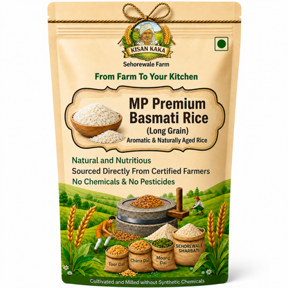 A stand-up pouch of Kisan Kaka Sehorewale Farm MP Premium Basmati Rice (Long Grain) on a plain white background. The packaging is beige with green and brown accents, featuring illustrations of a rice field, a traditional stone grinder, and sacks of rice.