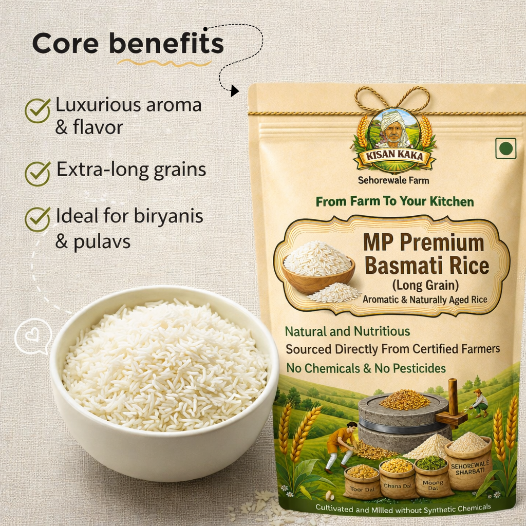 A stand-up pouch of Kisan Kaka MP Premium Basmati Rice next to a white bowl filled with uncooked long-grain rice on a light beige fabric background. The left side includes a 'Core benefits' section with green checkmarks reading 'Luxurious aroma & flavor', 'Extra-long grains', and 'Ideal for biryani & pulavs'.