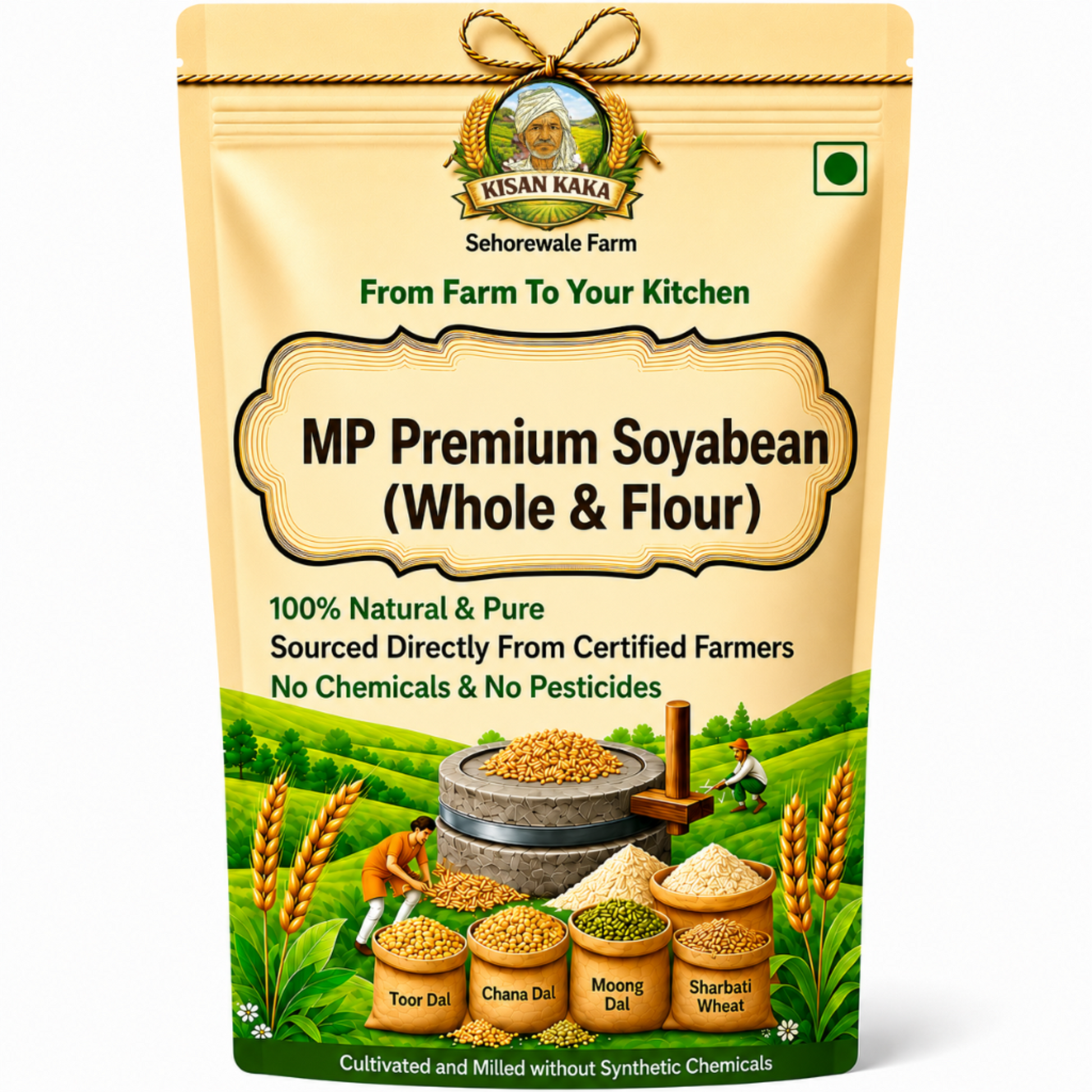 Kisan Kaka MP Premium Soyabean package with farm scene illustration on a white background