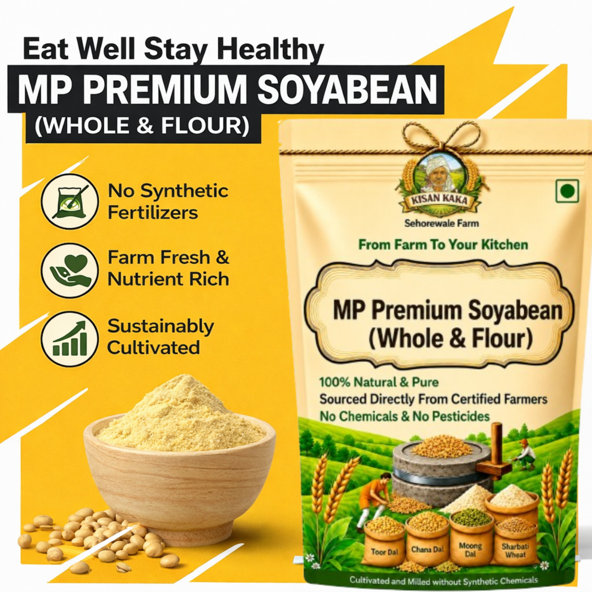 MP Premium Soyabean package with text highlighting benefits on a yellow background