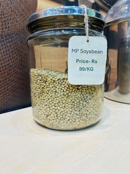 Jar of soyabean with a price tag on a wooden surface