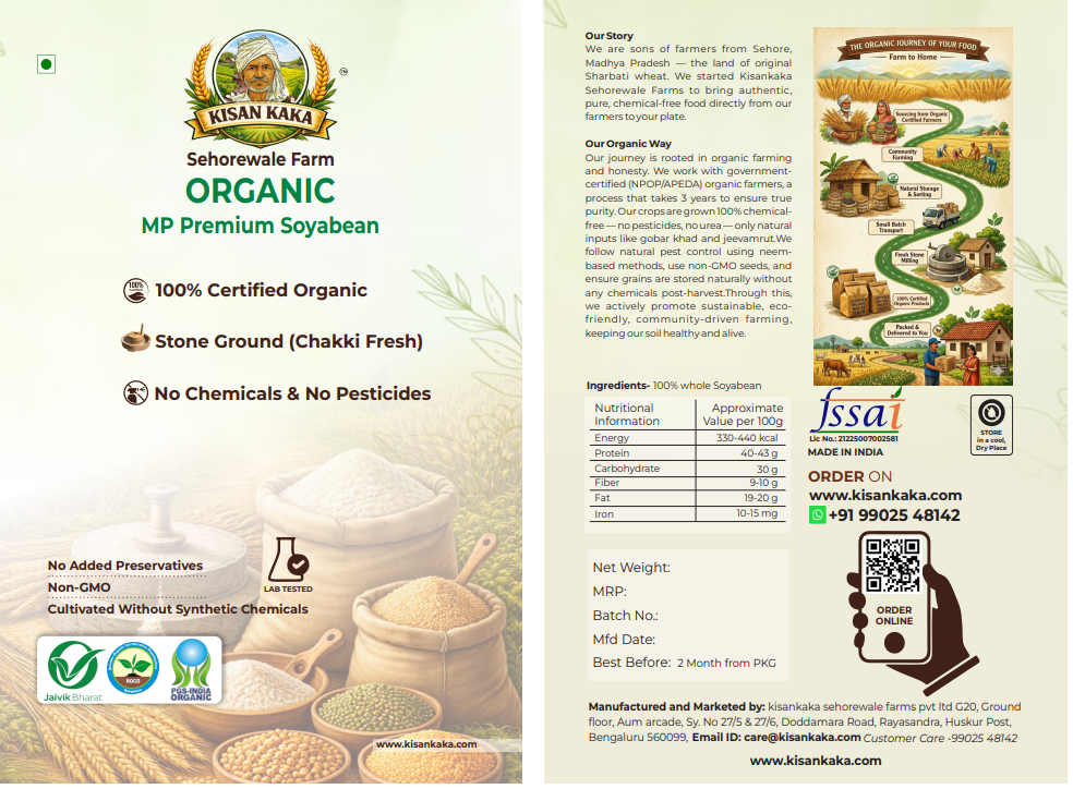 Kisan Kaka organic turmeric powder packaging with certification logos and text.