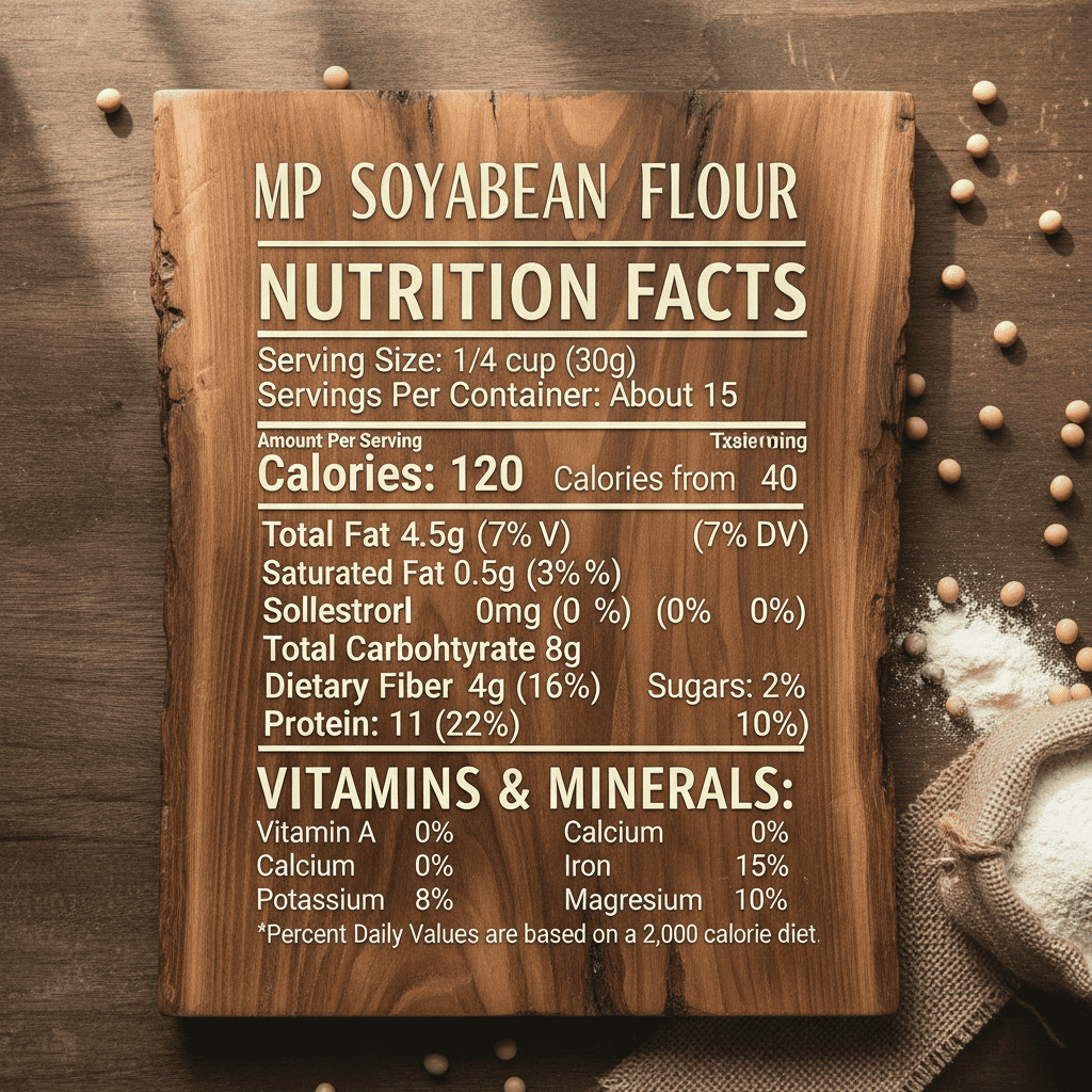 Nutrition facts label for MP SoyaBean Flour on a wooden background with soybeans.