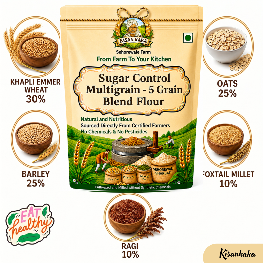 Kisan Kaka Sugar Control Multigrain 5 Grain Blend Flour package with ingredients displayed.