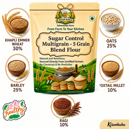 Kisan Kaka Sugar Control Multigrain 5 Grain Blend Flour package with ingredients displayed.