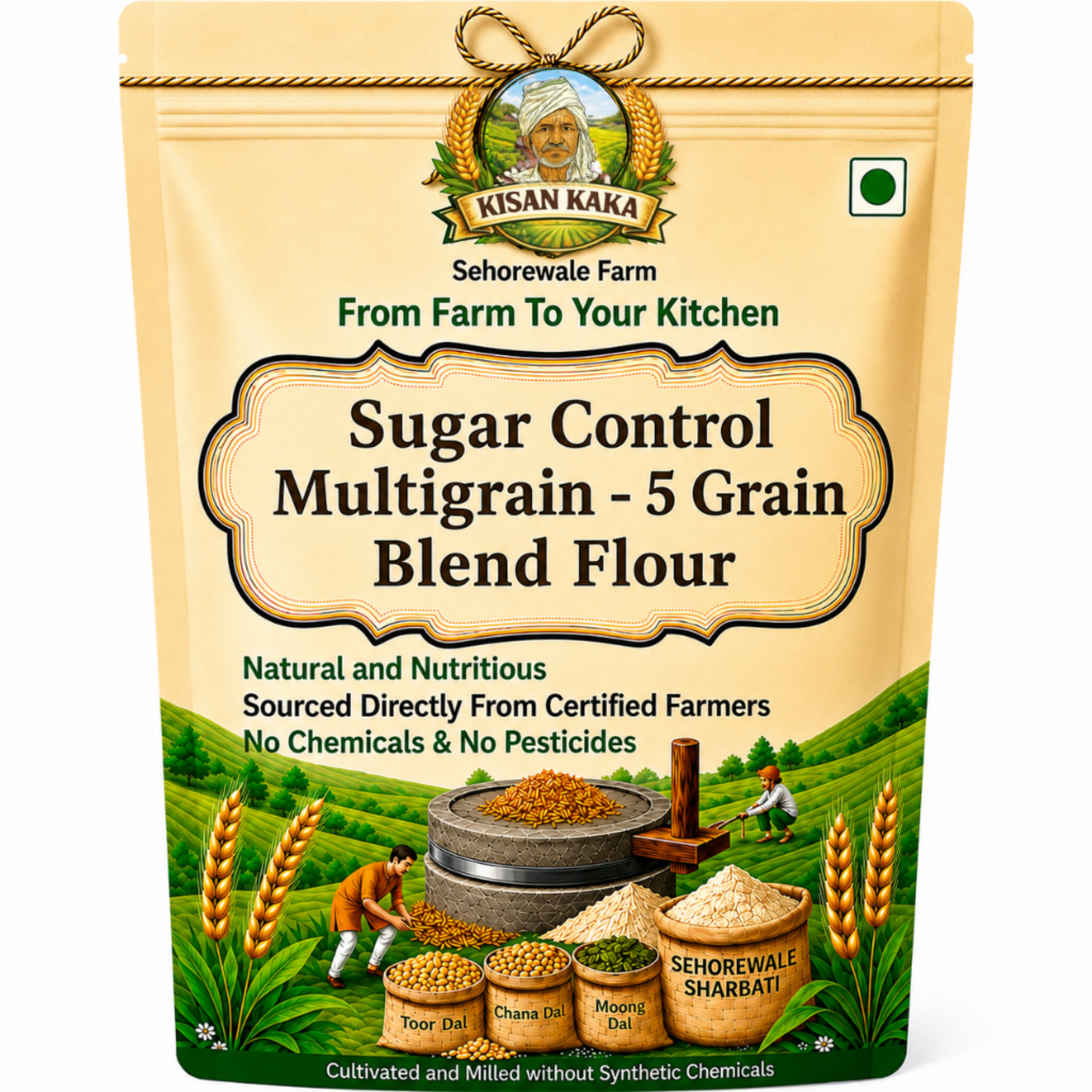 Kisan Kaka Sugar Control Multigrain 5 Grain Blend Flour packaging with farm scene illustration