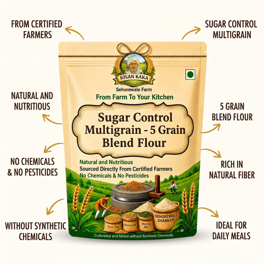 Kisan Kaka Sugar Control Multigrain 5 Grain Blend Flour package with certification details on a white background