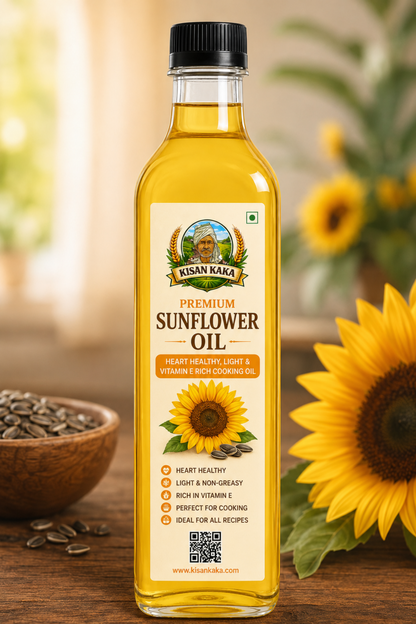 Bottle of Kisan Kaka Premium Sunflower Oil with sunflower and seeds on a wooden surface